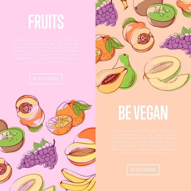 Banners de nutrição vegetariana saudável com frutas