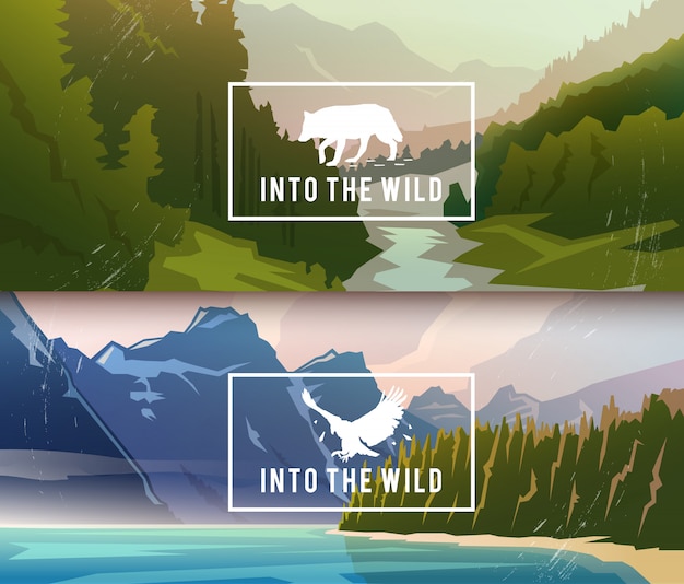 Banners de paisagem sobre temas: natureza do Canadá, sobrevivência na natureza, caça. ilustração.