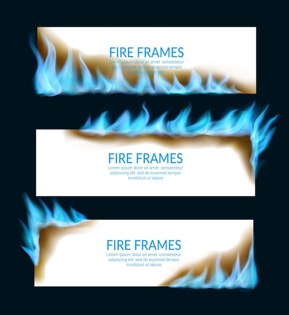 Banners de papel queimando com chamas de gás natural. promoção de descontos e vendas quentes, abastecimento de gás natural ou forja banners horizontais de vetores realistas com azul flamejante, bordas e cantos mágicos de fogo