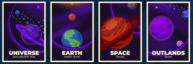 Banners de planetas capa de revista de pôster espacial com galáxia ou universo futuro explorando planeta de desenho animado e asteróide brochura vetorial recente brochura de astronomia fantasia cosmos cósmico com planetas