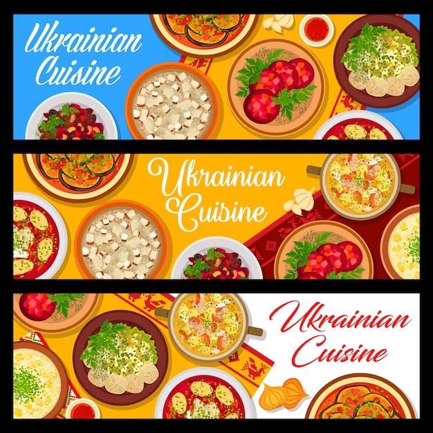 Banners de refeições de cozinha ucraniana menu de pratos de comida