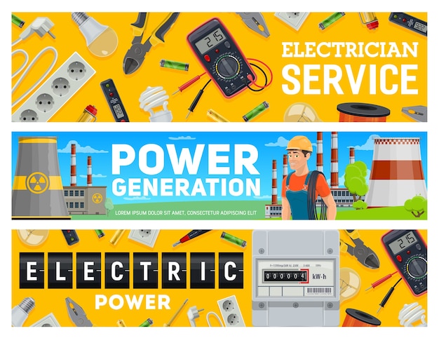 Banners de serviço de eletricista e geração de energia elétrica