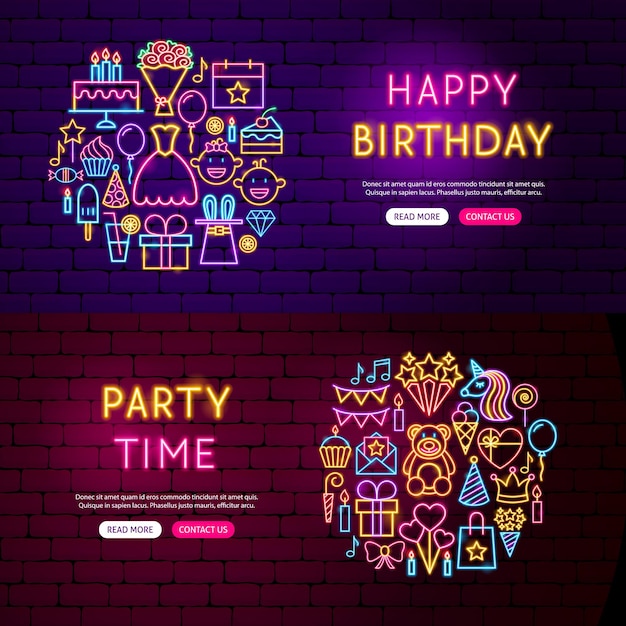 Vetor banners de site de feliz aniversário. ilustração em vetor de promoção de festa.