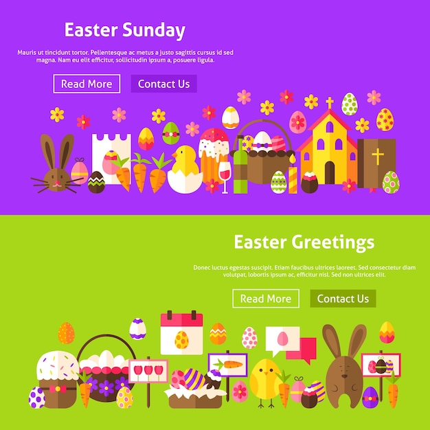 Vetor banners de site de saudações de páscoa. ilustração vetorial para cabeçalho da web. design plano de férias de primavera.