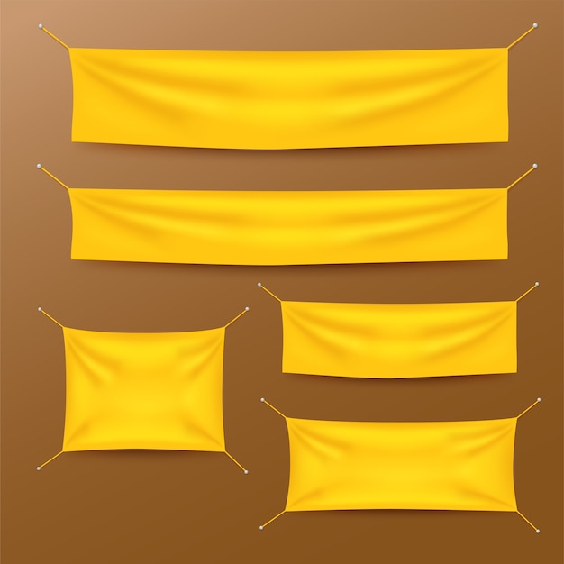 Banners de têxteis amarelos com conjunto de modelo de dobras