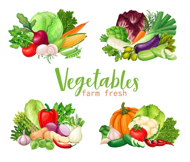 Banners de vegetais. Composições de produtos agrícolas pimenta, cebola, aipo, aspargos, alcachofra, alho-poró, milho, alho, pepino, repolho e batata, ilustração vetorial vegetariana.