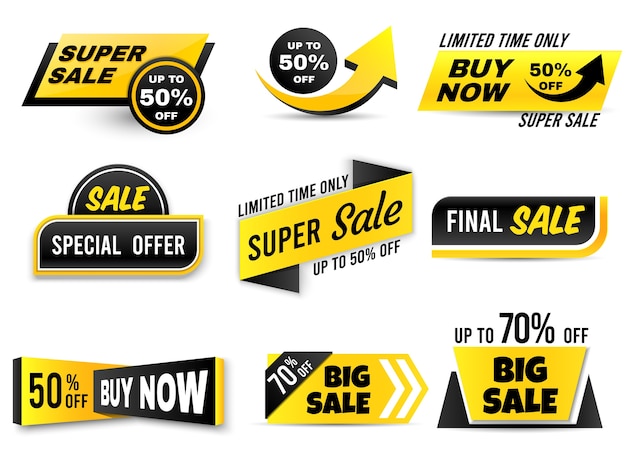 Banners de venda. Banner de oferta especial, etiquetas de preço baixo e emblemas de super venda
