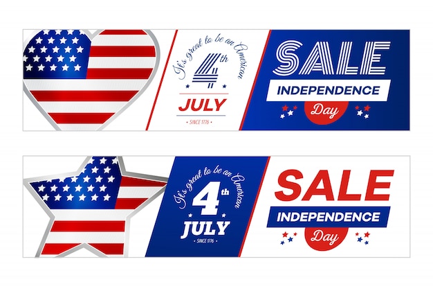 Banners de venda com bandeira americana em fundo branco. quatro de julho