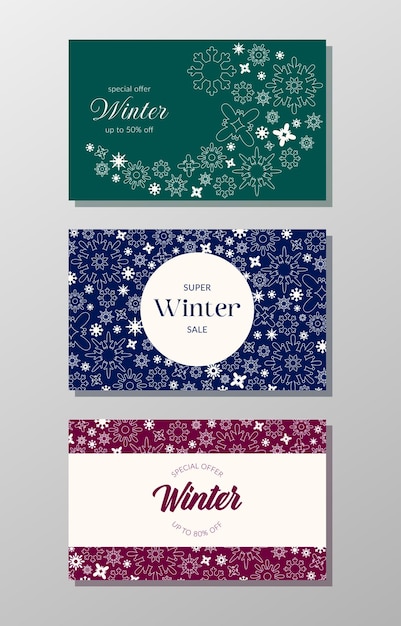 Banners de venda de inverno com texto e flocos de neve.