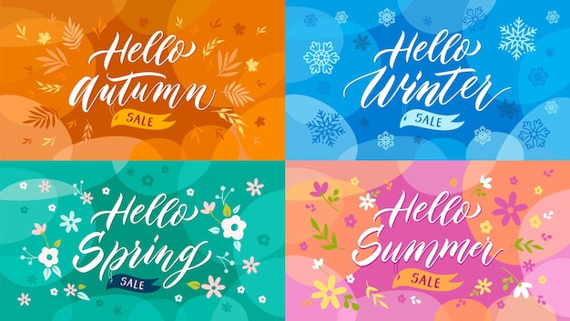 Banners de venda de temporada promoção de outono olá rótulo de inverno letras de primavera e conjunto de vetores de etiqueta de vendas de verão