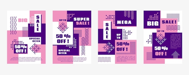 Banners de venda estilo memphis cupom design gráfico geométrico moderno pôsteres de desconto modelo de moda de tendência promoção de cartões vetoriais arrumados