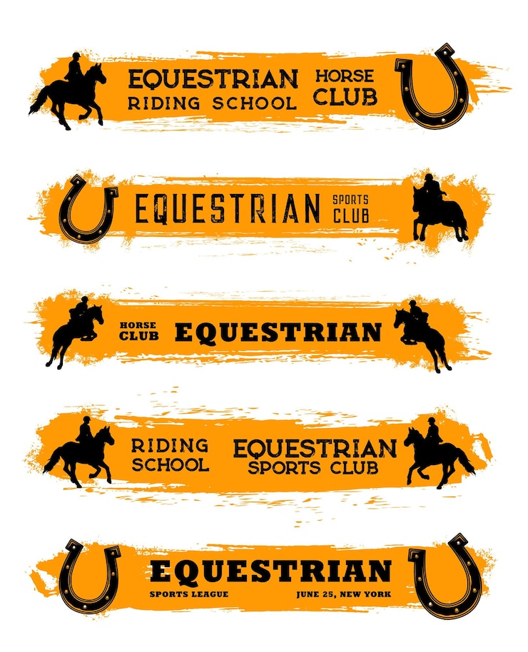 Vetor banners de vetor de clube de esporte equestre de passeios a cavalo e corridas de cavalo. ferraduras, cavalos de corrida e jóqueis, arreios para eqüinos e capacetes de cavaleiro, silhuetas de cavalos de salto e respingos de tinta laranja