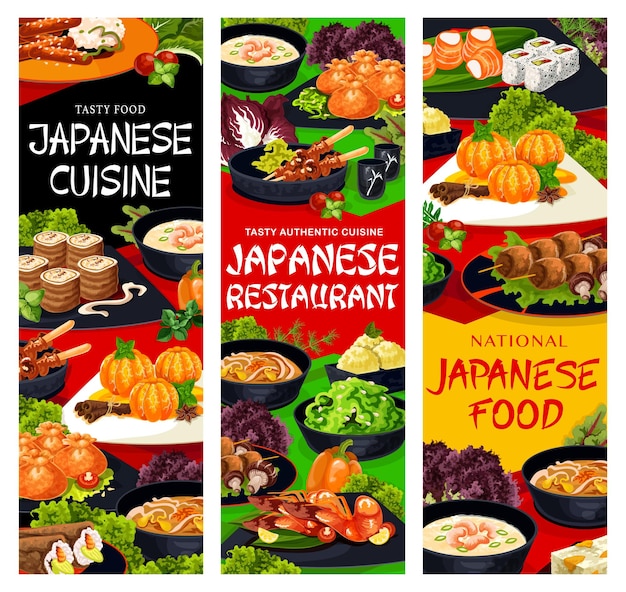 Banners de vetor de refeições em restaurantes de culinária japonesa