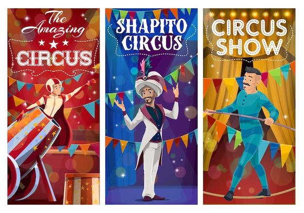 Banners de vetores de desenhos animados de personagens de circo de tenda