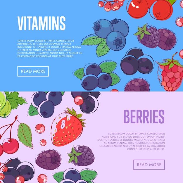 Vetor banners de vitaminas naturais com bagas