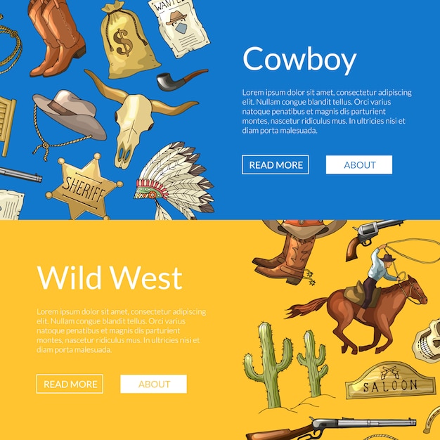 Banners de web de oeste selvagem cowboy com cavalos, cactos e crânio de vaca