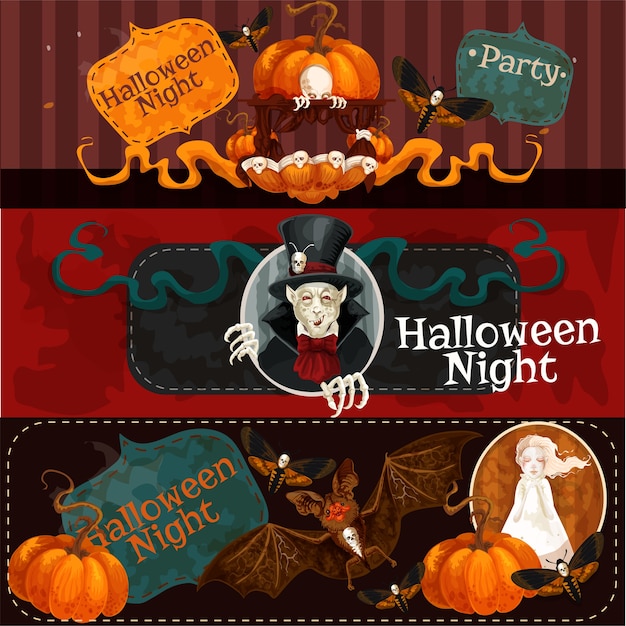 Vetor banners decorativos de terror de halloween com morcego e abóbora