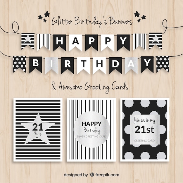 Vetor banners e cartões de aniversário preto e prata