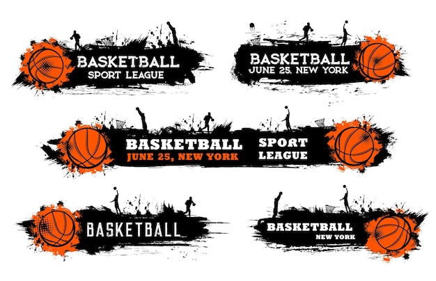 Banners grunge de basquete com silhuetas de jogadores