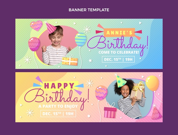 Banners horizontais com gradiente colorido de aniversário