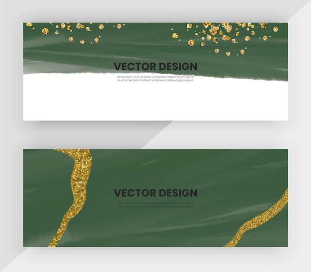 Banners horizontais da web com aquarela verde e textura de glitter dourado