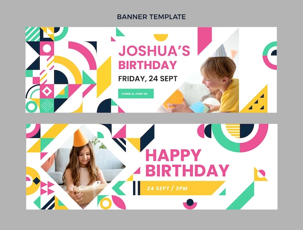 Vetor banners horizontais de aniversário em mosaico de design plano