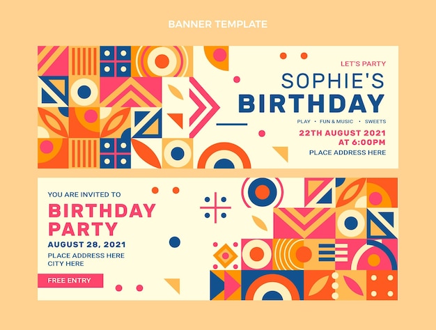Banners horizontais de aniversário em mosaico plano