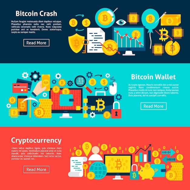 Banners horizontais de Bitcoin. Ilustração vetorial para cabeçalho do site. Design plano de itens de criptomoeda.