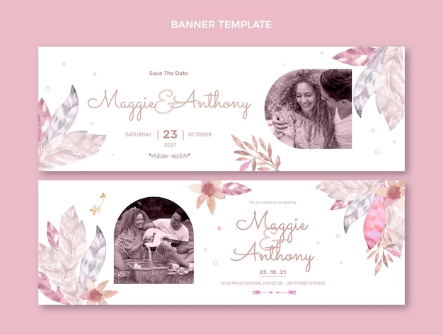 Vetor banners horizontais de casamento boho em aquarela