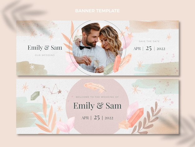 Banners horizontais de casamento boho em aquarela