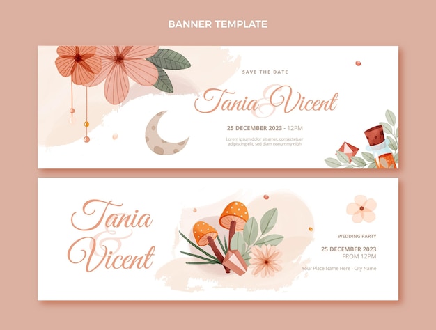 Vetor banners horizontais de casamento boho em aquarela