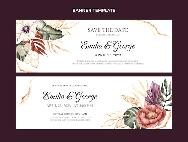 Banners horizontais de casamento boho em aquarela