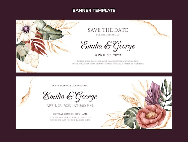 Vetor banners horizontais de casamento boho em aquarela