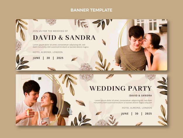 Vetor banners horizontais de casamento em aquarela boho