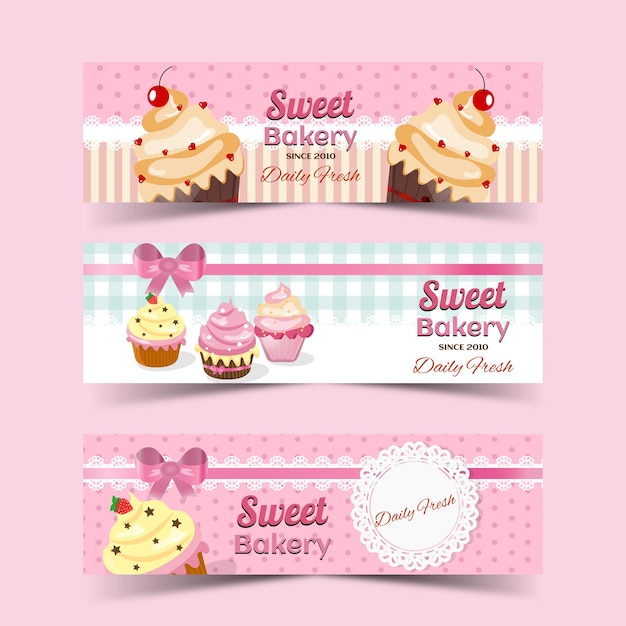 Vetor banners horizontais de cupcakes doces em estilo vintage em vetor