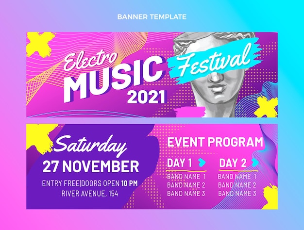 Vetor banners horizontais de festivais de música coloridos desenhados à mão