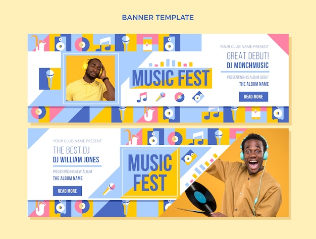 Banners horizontais de festival de música em mosaico de design plano