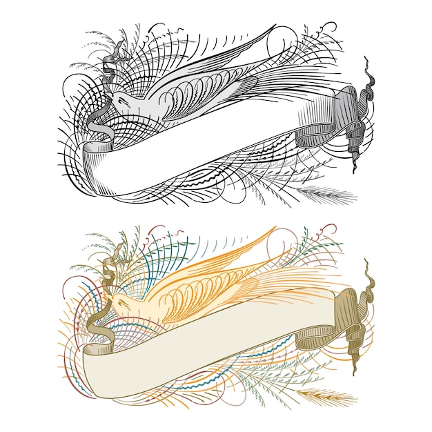 Vetor banners horizontais desenhados à mão com elementos de decoração de fitas de estilo retrô isolados ilustração vetorial