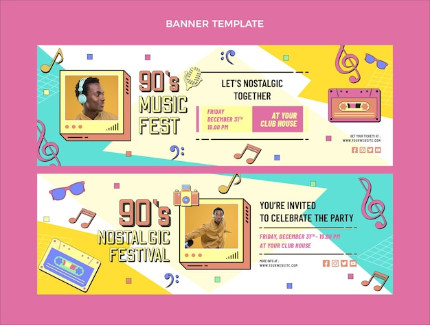 Banners horizontais do festival de música dos anos 90 em design plano
