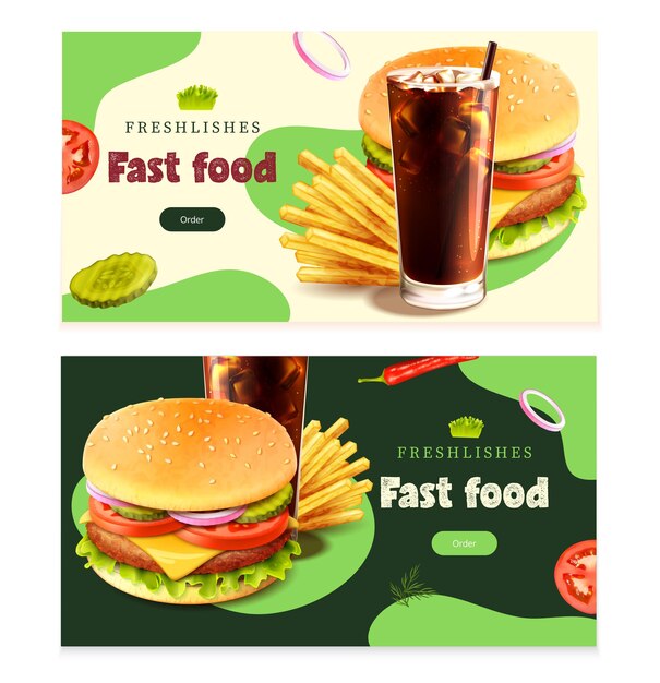 Vetor banners horizontais realistas de fast food com ilustração isolada