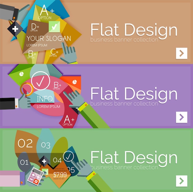 Banners infográficos vetoriais de design plano com infográficos geométricos