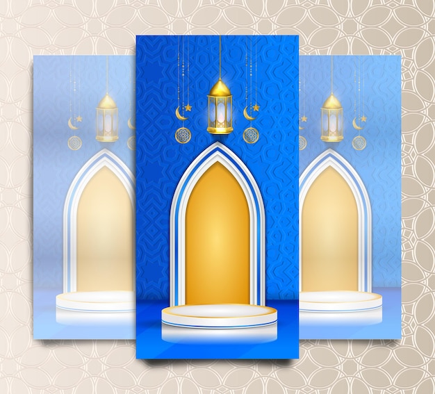 Banners islâmicos para o ramadã e eid mubarak com pódio e mihrab