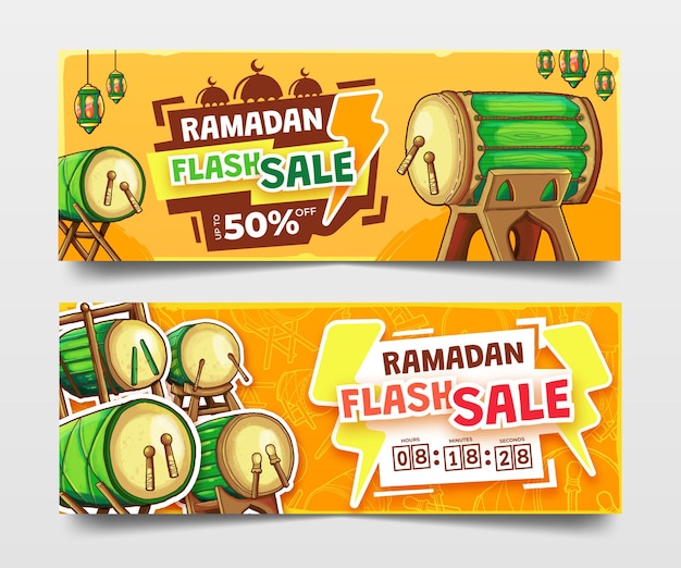 Banners laranja de venda do ramadã com ilustração de insetos desenhados à mão