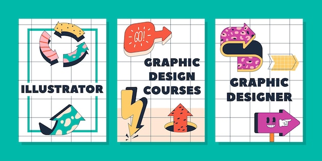 Banners para cursos de design gráfico illustrator learning ads posters descubra a excelência em design gráfico navegue com setas dinâmicas eleve sua criatividade e habilidades ilustração vetorial de desenhos animados