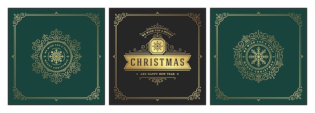 Banners quadrados de Natal com design tipográfico vintage símbolos de decoração ornamentada com desejos de Natal