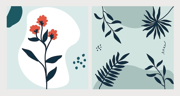 Banners verticais botânicos vetoriais com folhas e elementos ovais em diferentes paletas de cores