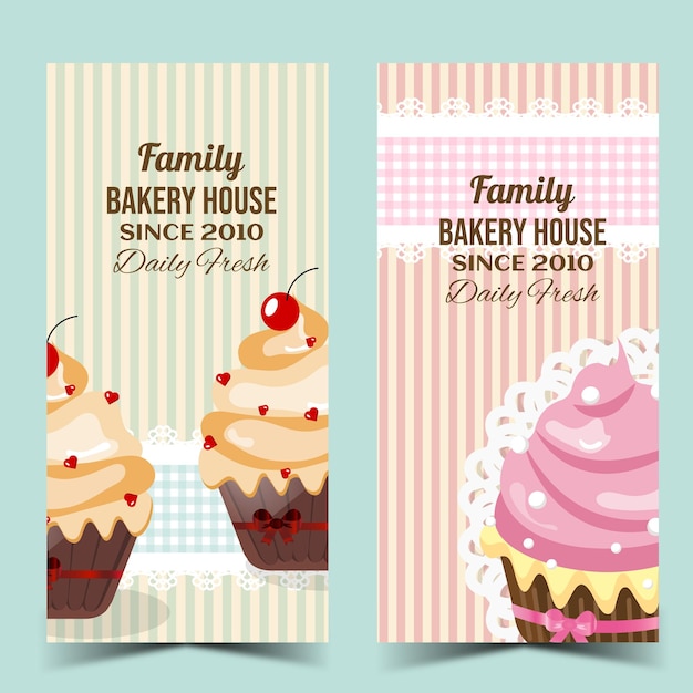 Vetor banners verticais de cupcakes em estilo vintage em vetor