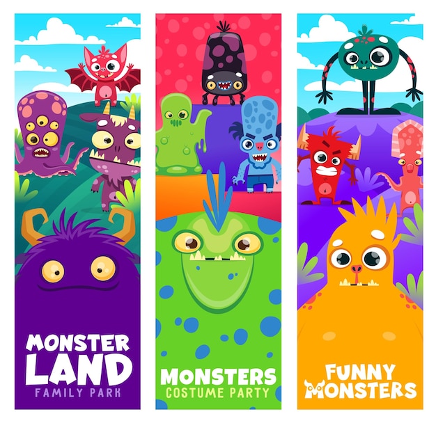 Banners verticais de personagens de monstros de desenho animado