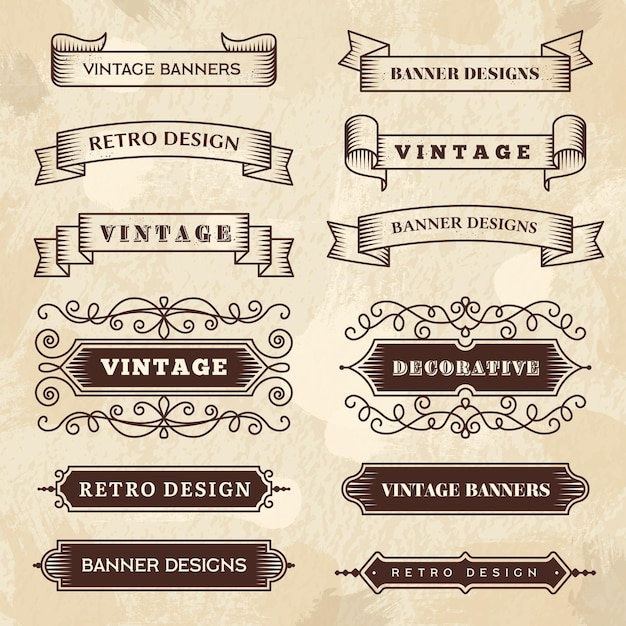 Vetor banners vintage. floreio de casamento ornamento grunge fitas lousa texturas emblemas de estilo retro.