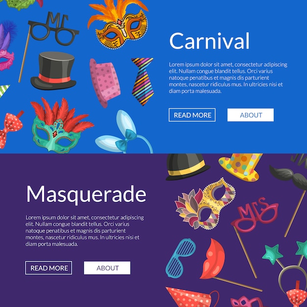 Banners web horizontais ou cartaz com máscaras e acessórios de festa